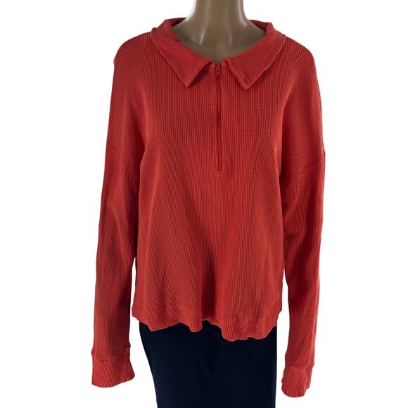 Kule Orange Red Rosewell Waffle Knit Cotton Quarter Zip Pullover - Picture 2 of 11